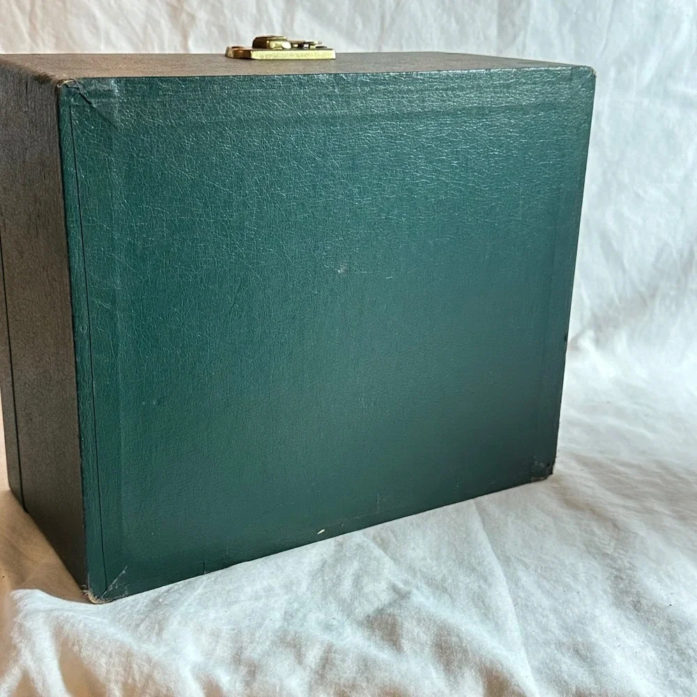 Vintage Jewelry Box Forest Green Good Faux Leather Brass Latch Top Handle Case